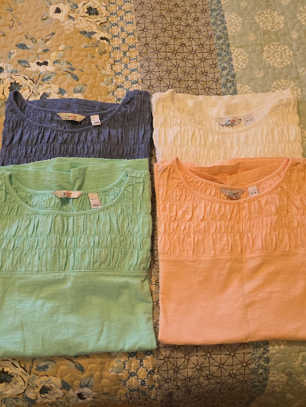Denim & Co. Smocked Tee - 4 Pack (Blue, White, Mint, Peach)